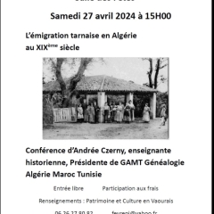 Conférence "L’émigration tarnaise en Algérie au XIXème siècle " Salle des Fêtes de Vaour